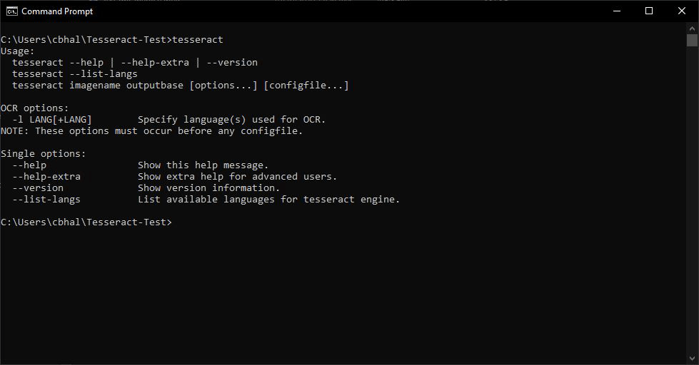 检查 Tesseract OCR for Windows 安装成功界面