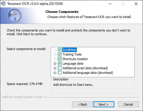 Tesseract OCR for Windows 默认安装组件