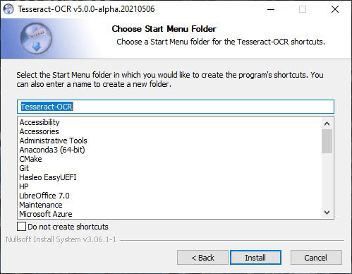 选择 Tesseract OCR for Windows 开始菜单文件夹